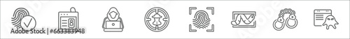 outline set of cyber line icons. linear vector icons such as biometric identification, identity theft, hacking, spyware, biometric recognition, worm, crime, rootkit