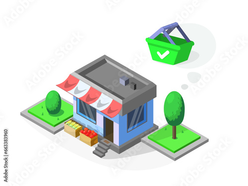 Isometric store building with trees around. Market with vegetables. Grocery cart icon. Shopping concept. Nice vector UI illustration for your business.