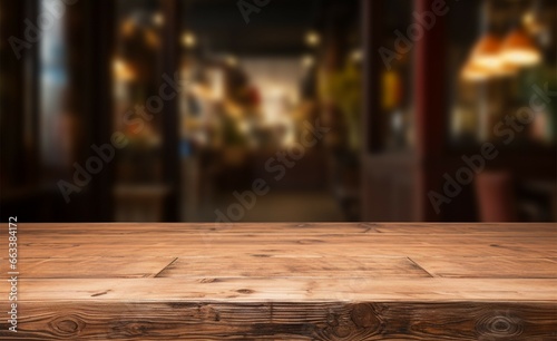 Product display opportunity empty wooden table in a restaurant setting