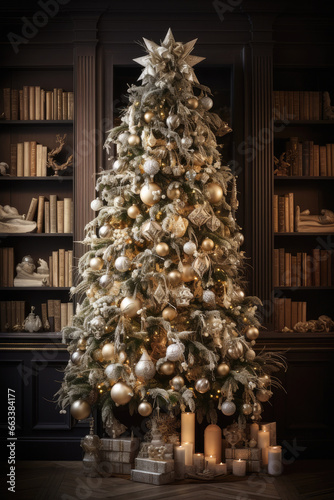 Árbol de navidad decorado con velas, bolas, estrella y espumillón en salón con librerías de fondo, concepto navidad photo