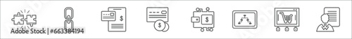 outline set of general line icons. linear vector icons such as compatibility, chain, credit report, annual fee, digital economy, information architecture, ecommerce platform, agent script
