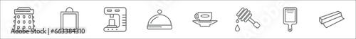 outline set of kitchen line icons. linear vector icons such as grater, kitchen board, coffee hine, platter, saucer, honey dipper, cutting board, aluminum foil