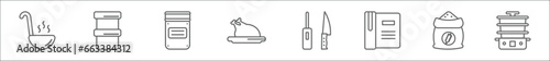 outline set of kitchen line icons. linear vector icons such as ladle, custard cup, jar, broiler, knife sharpener, recipe book, flour, steamer