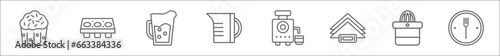 outline set of kitchen line icons. linear vector icons such as cupcake, muffin pan, pitcher, measuring cup, juicer, napkin, squeezer, fork