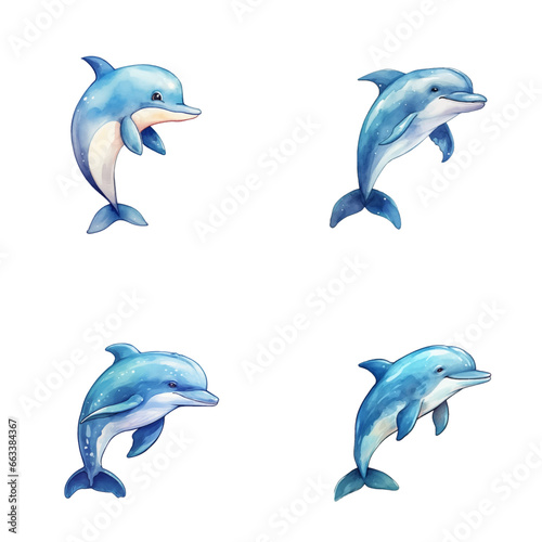 set of happy cute dolphin watercolor illustrations for printing on baby clothes, pattern, sticker, postcards, print, fabric, and books