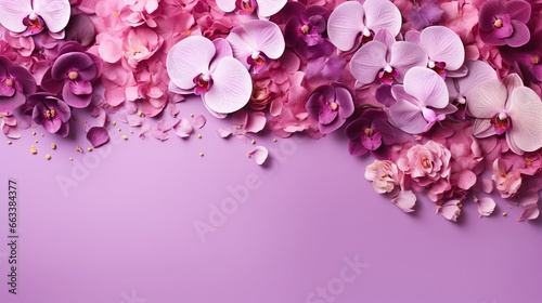  a bunch of pink and purple flowers on a purple background. generative ai