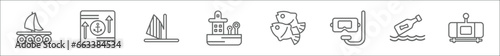 outline set of nautical line icons. linear vector icons such as wood raft, sea package, windsurf, tanker ship, fishes, snorkel, message in a bottle, air tank