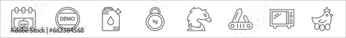 outline set of other line icons. linear vector icons such as pumpkin calendar, demostration, oil can, kilograms, arab horse, nail trimmer, microwave, chichen hen photo