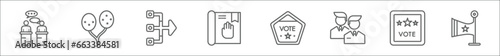 outline set of political line icons. linear vector icons such as debate, election balloons couple, merging, oath, vote badge for political elections, politicians, political american elections