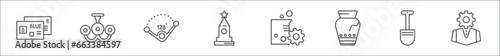 outline set of other line icons. linear vector icons such as blue abstract business card, chandeliers, obtuse angle of 135 degrees, kremln, labaratory, broken vase, garden work, it specialist