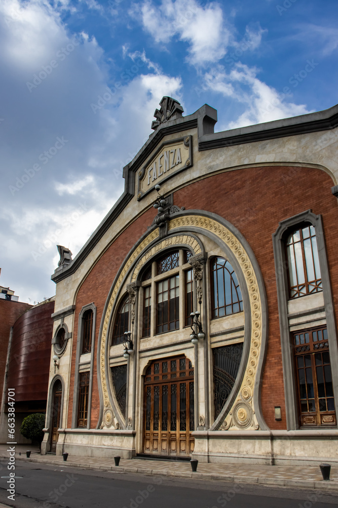 Facade of the Faenza theatre, the oldest movie theatre in Bogota, Colombia opened in 1924. The building is an example of Art Nouveau architecture and listed as a National Monument of Colombia