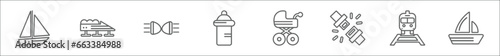 outline set of transport line icons. linear vector icons such as sail boat, bobsleigh, car lights, babysitter, pram, seatbelt, diesel train, sailing