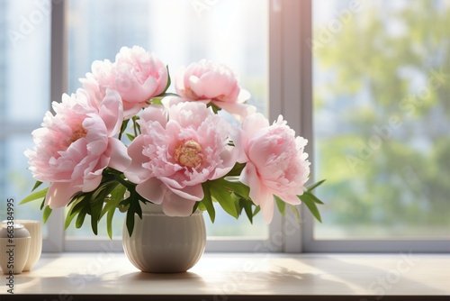 Pink peony blooms by a sunlit window, blurred background copy