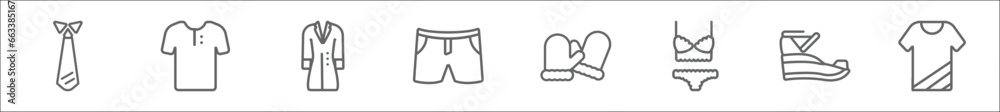 outline set of clothes line icons. linear vector icons such as tie, henley shirt, trench coat, denim shorts, wool gloves, lingerie, platform sandals, t shirt with de