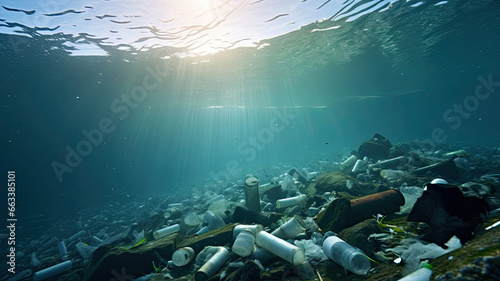 Bottom of the sea, full of plastic trash and cans. sustainability