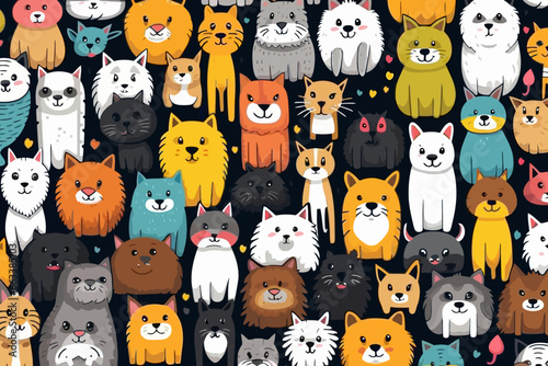 Domesticated pet breeds quirky doodle pattern, wallpaper, background, cartoon, vector, whimsical Illustration photo