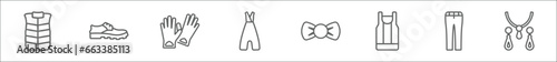 outline set of clothes line icons. linear vector icons such as padded vest, leather shoes, leather gloves, jumpsuit, bow tie, basketball jersey, chi pants, jewelry