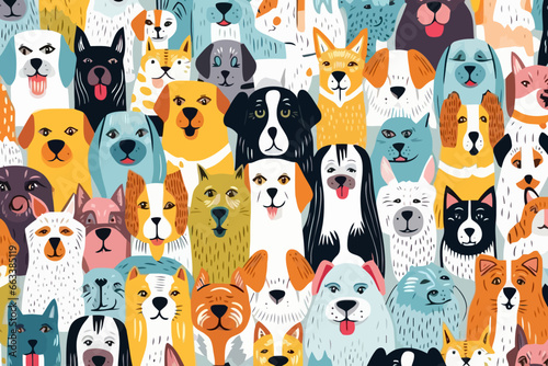 Domesticated pet breeds quirky doodle pattern, wallpaper, background, cartoon, vector, whimsical Illustration