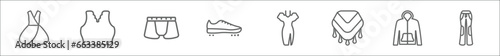 outline set of clothes line icons. linear vector icons such as jersey wrap dress, brassiere, boxers, soccer shoe, dress with butterfly sleeves, shawl, hooded jacket, flare pants