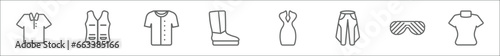 outline set of clothes line icons. linear vector icons such as cotton polo shirt, waistcoat, collarless cotton shirt, wool boots, drees, harem pants, shutter sunglasses, turtleneck