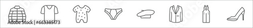 outline set of clothes line icons. linear vector icons such as puffer jacket, t shirt, pyjamas, briefs, beret, suit jacket, dungarees, heels