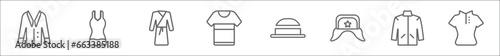 outline set of clothes line icons. linear vector icons such as pijama, nightwear, dressing gown, jersey, bowler, ushanka, jogging jacket, kurta