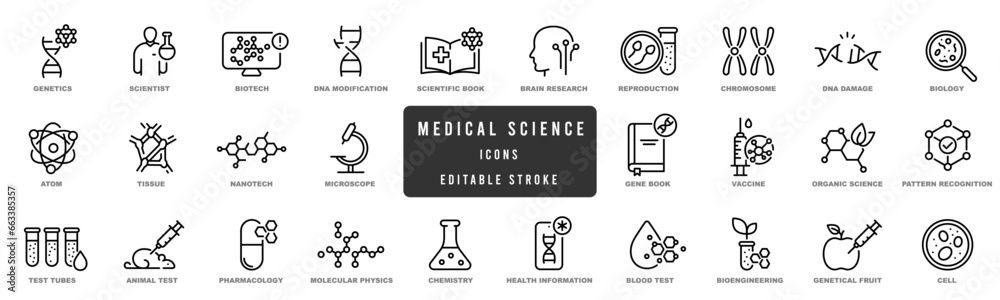 Medical lab icons. Science, dna, molecules research line icon set. Editable strokes - obrazy, fototapety, plakaty 