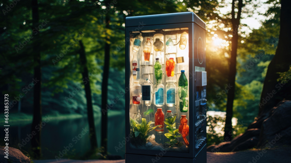Obraz premium A plastic bottle recycling machine in a city park all by itself. sustainability