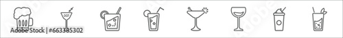 outline set of drinks line icons. linear vector icons such as pub, 007 martini, caipirinha, mojito, martinez, glasses with wine, frappuccino, mint julep