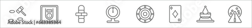 outline set of entertainment line icons. linear vector icons such as whack a mole, skee ball, hopscotch, spinning wheel, game chips, diamond ace, fair ship, lottery