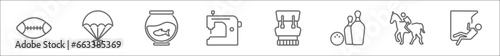 outline set of free time line icons. linear vector icons such as rugby ball, parachuting, fish tank, sewing, hiking, bowling, riding, climb
