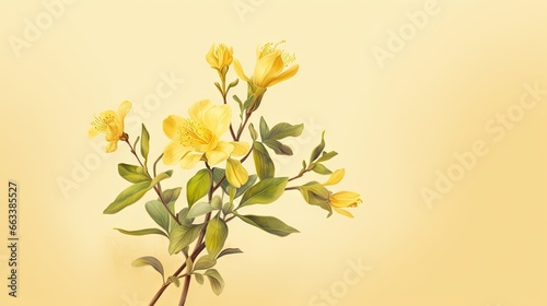  a painting of a yellow flower on a yellow background with green leaves.  generative ai © Nadia