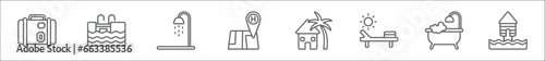 outline set of holidays line icons. linear vector icons such as vacations, basin, bathing, hotels, beach house, sunbath, bathtube, beach hut