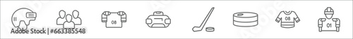 outline set of hockey line icons. linear vector icons such as hockey helmet, audience, armour, bag, hockey, puck, clothes, player