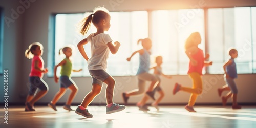 Motion blur of kids exercising in fitness studio, concept of Dynamic movement photo