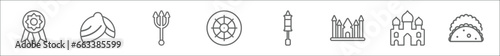 outline set of india and holi line icons. linear vector icons such as india badge, turban, trident, ashoka, holi, , taj mahal, gujjia