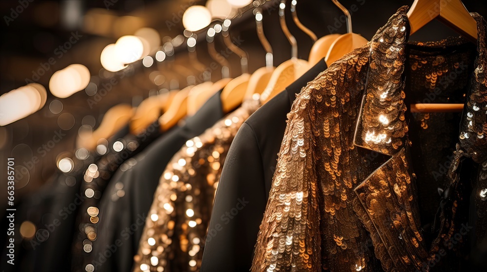 Luxurious evening dresses in sequins on hangers in the fitting room. Generation AI - obrazy, fototapety, plakaty 