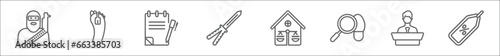 outline set of law and justice line icons. linear vector icons such as , corpse, wills and trusts, butterfly knife, real estate law, evidence, counsel, bargain