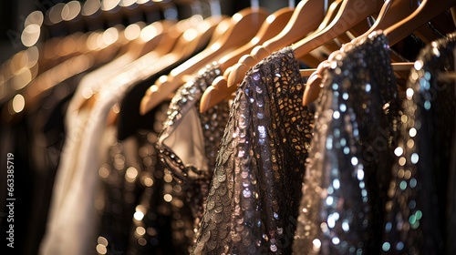 Tableau sur toile Luxurious evening dresses in sequins on hangers in the fitting room