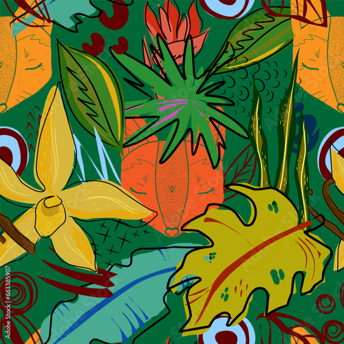 Leaves and flowers, fox, jungle, tropical exotic motif. Flat. Vector seamless pattern..