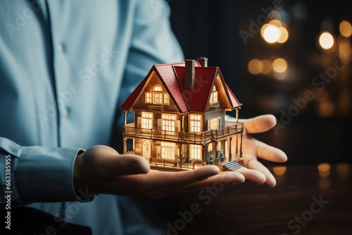Real estate agent presenting a house, symbolizing protection and investment