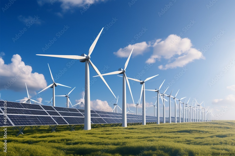 Renewable energy site with wind turbines, solar panels, and hydrogen