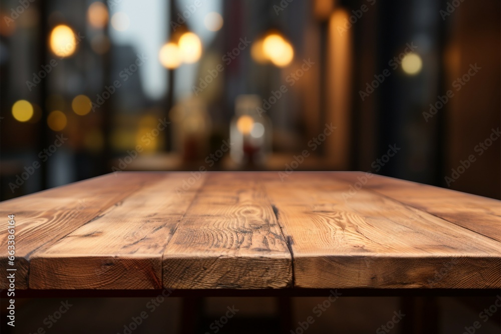 Restaurant ambiance enhances this empty wooden table for product presentation