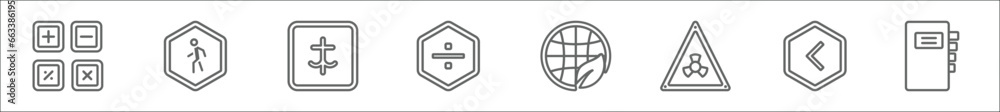 Obraz premium outline set of signs line icons. linear vector icons such as math, walking walker, kanji, divide, planet grid and a leaf, biohazard risk triangular, is greater than, index
