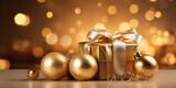 Happy New Year 2024! Golden gift box and christmas balls on golden background