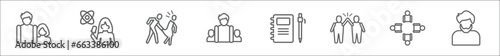 outline set of people line icons. linear vector icons such as father and daughter, female journalist talking about science news, sexual harassment, father and children, pencil and notebook, friends,