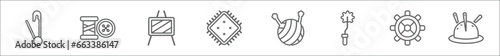 outline set of sew line icons. linear vector icons such as clothespin, sewing tools, drawing board, patch, wool ball, overstitch, rotary, pincushion