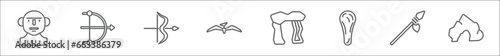 outline set of stone age line icons. linear vector icons such as troglodyte, bow, bow and arrow, pterodactyl, stonehenge, club, spear, cave