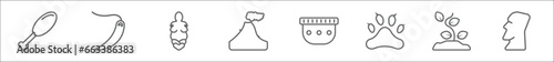 outline set of stone age line icons. linear vector icons such as chicken leg, needle, venus of willendorf, volcano, pottery, paw print, plant, moai photo