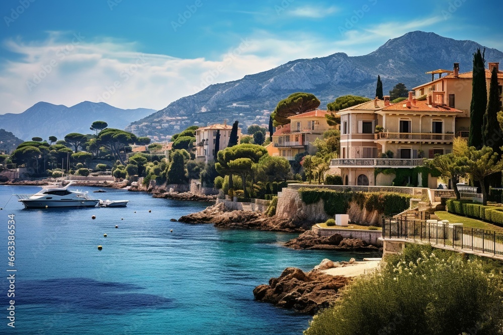Summer landscape of a resort town on Cap Ferrat cape, French Riviera, France. Generative AI - obrazy, fototapety, plakaty 